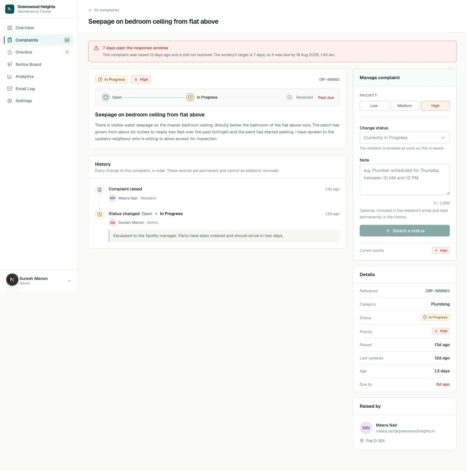 Society Maintenance Tracker interface, screen 2