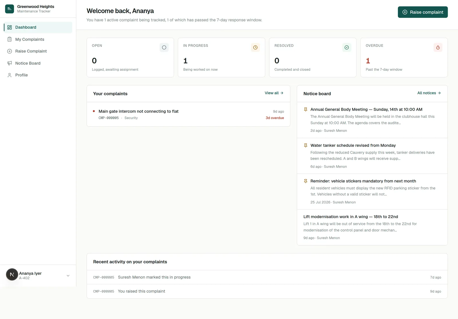 Society Maintenance Tracker interface, screen 3