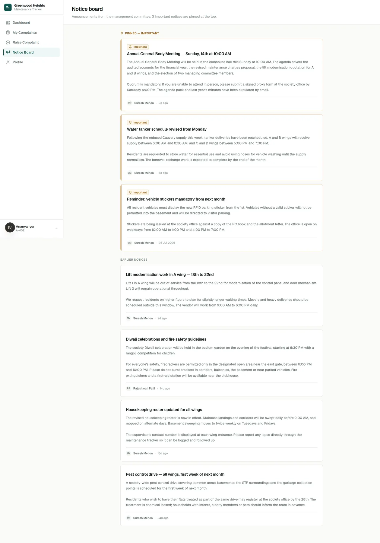 Society Maintenance Tracker interface, screen 4