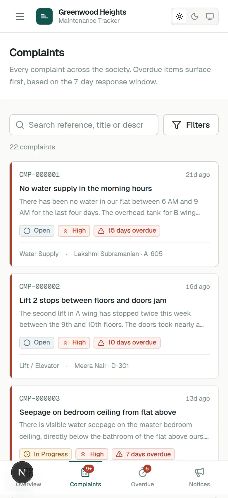 Society Maintenance Tracker interface, screen 5